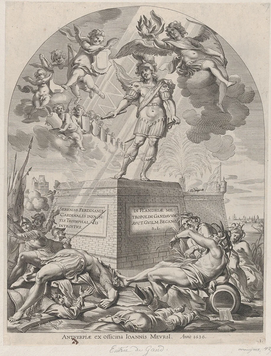 Plate 1: Ferdinand as Mars, standing on a pedestal; from Guillielmus Becanus's 'Serenissimi Principis Ferdinandi, Hispaniarum Infantis...' — Pieter de Jode II|Cornelis Schut|Johannes Meursius