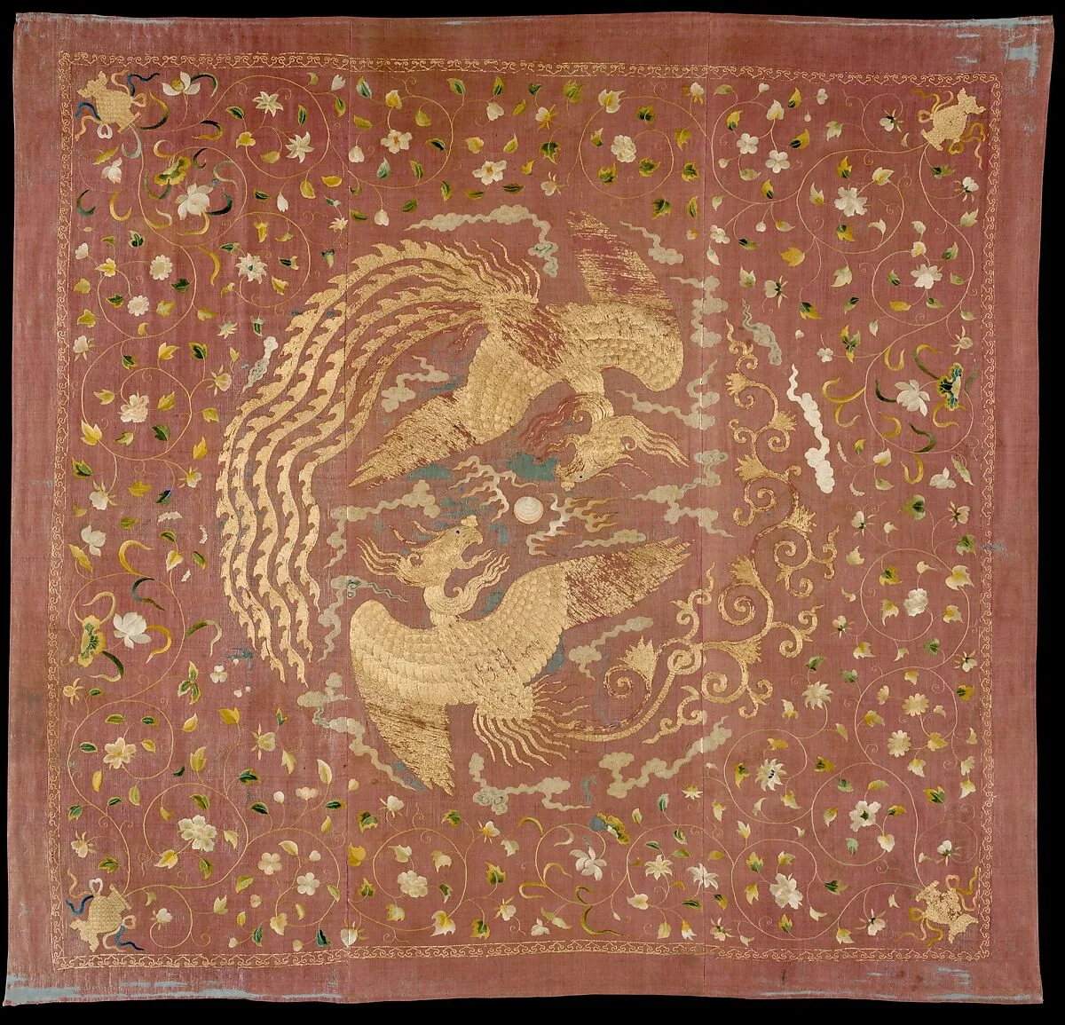 元 團鳳紋繡片|Panel with Phoenixes and Flowers — Unknown