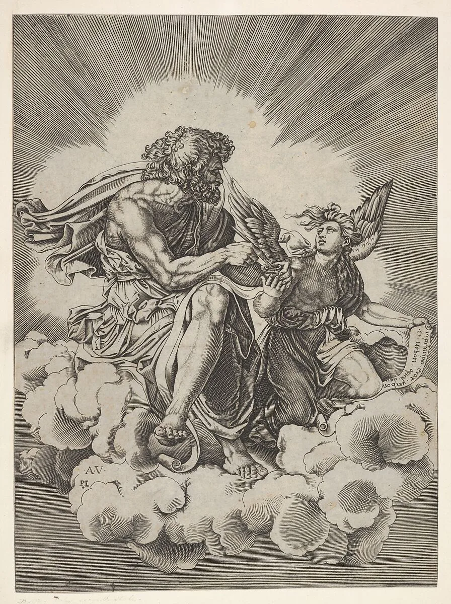 St. Matthew, seated on a cloud with legs crossed and dipping a quill into an inkwell held by an angel, who also holds an inscribed scroll, from a series of the four evangelists after Agostino Veneziano, which are in turn after Giulio Romano — Agostino Veneziano (Agostino dei Musi)|Anonymous, Italian, 16th century|Giulio Romano