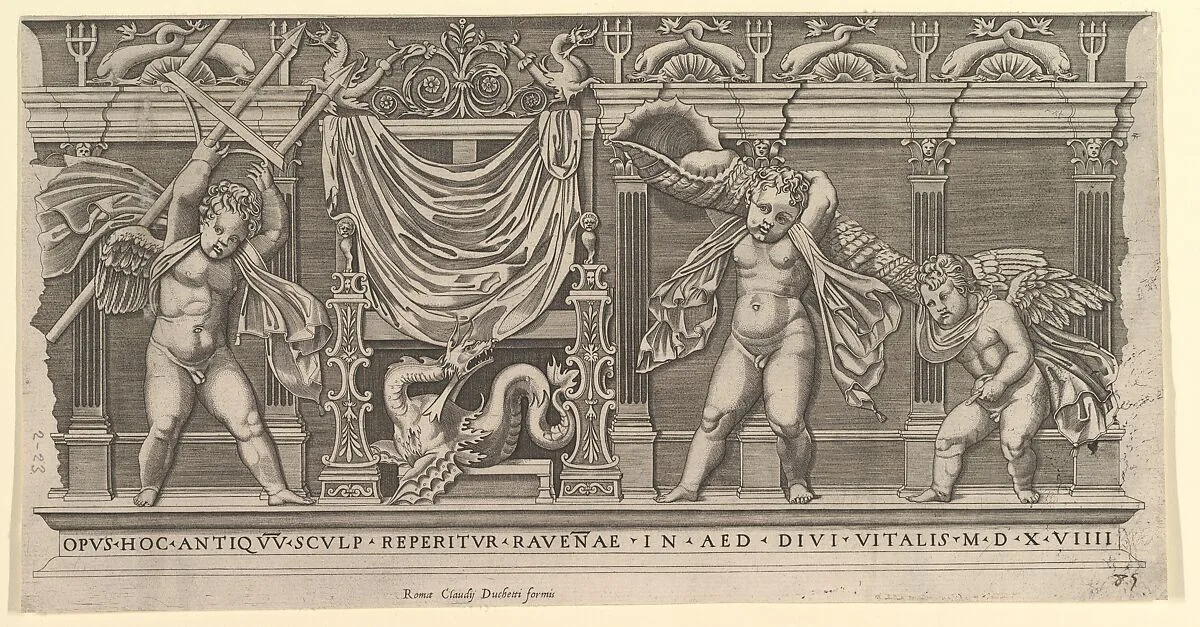 Speculum Romanae Magnificentiae: Bas-Relief with Three Cupids — Marco Dente|Raphael (Raffaello Sanzio or Santi)|Claudio Duchetti