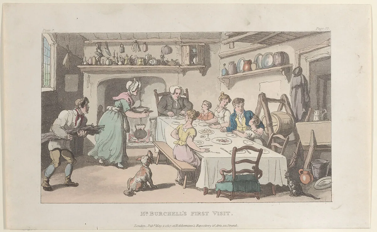 Mr. Burchell's First Visit, from "The Vicar of Wakefield" — William Clowes|Rudolph Ackermann, London|Thomas Rowlandson|Oliver Goldsmith