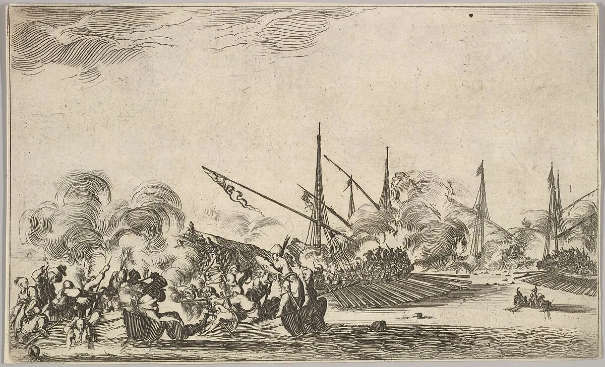 Combat between several rowboats and ships, two groups of men in rowboats fighting to left, two ships full of combatants to right, other ships and clouds of smoke in the background, from 'Set of eight nautical landscapes' (Suite de huit Marines) — Stefano della Bella|Reverend J. Burleigh James