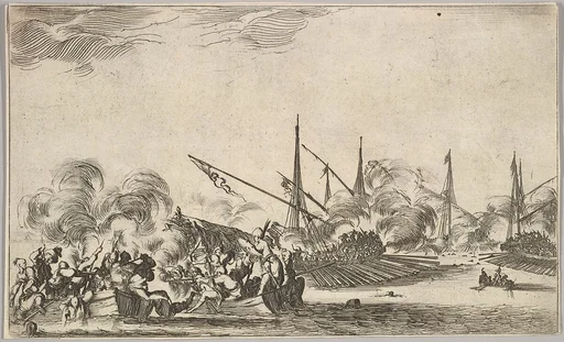 Combat between several rowboats and ships, two groups of men in rowboats fighting to left, two ships full of combatants to right, other ships and clouds of smoke in the background, from 'Set of eight nautical landscapes' (Suite de huit Marines)