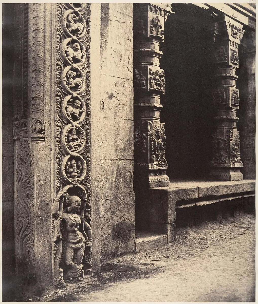 Pillars in the Recessed Portico in the Roya Gopuram with the Base of One of the Four Sculptured Monoliths, Madura — Linnaeus Tripe