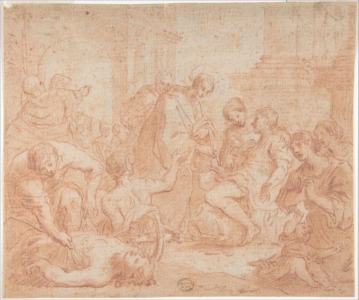 A Saint Healing the Sick (recto); Upper Body of Nude Male with Outstretched Arms, seen from the rear (verso) — Anonymous, Italian, Roman-Bolognese, 17th century