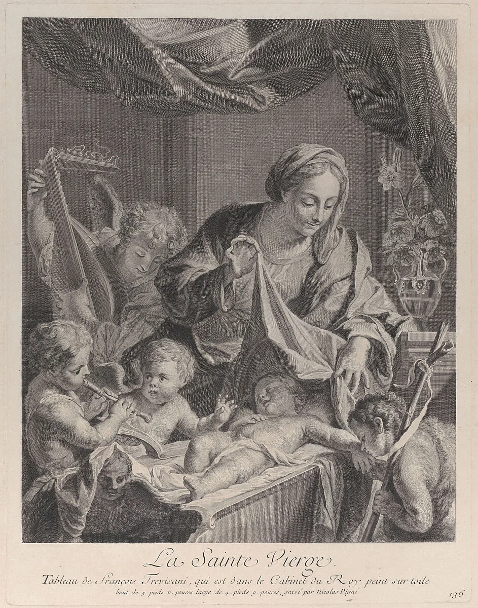 The Virgin holding a cloth above the sleeping Christ child, with musical angels and the infant Saint John the Baptist — Francesco Trevisani|Nicolas Pigné