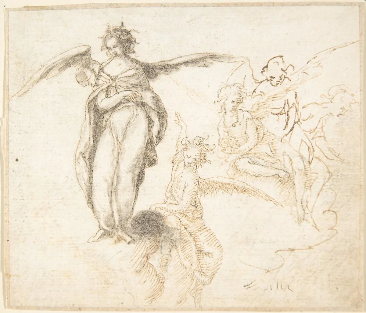 Studies for Five Figures of Angels Standing, and Seated on Clouds — Anonymous, Spanish, School of Seville, 17th century