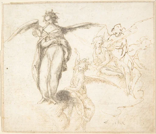 Studies for Five Figures of Angels Standing, and Seated on Clouds