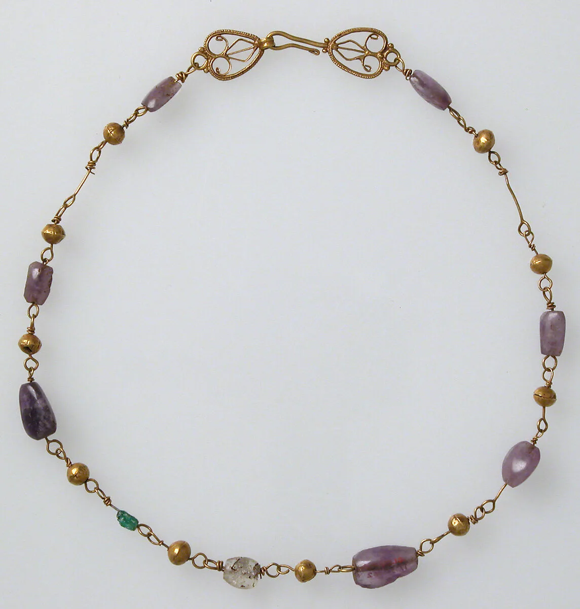 Gold Necklace with Amethysts, Glass, and Gold Beads — Unknown