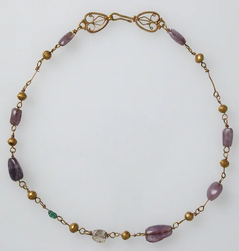 Gold Necklace with Amethysts, Glass, and Gold Beads
