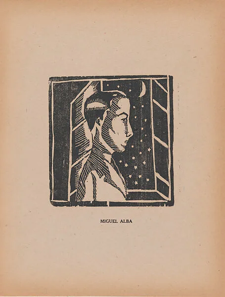 A young man in profile facing right before a window through which we see stars and the moon, from the portfolio 'Los pequeños grabadores en madera, alumnos de la Escuela Preparatoria de Jalisco' (Guadalajara, Mexico 1925). — Miguel Alba