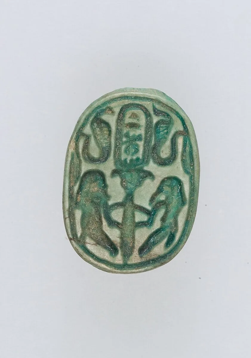 Scarab with Two Figures Flanking a Papyrus Plant — Unknown
