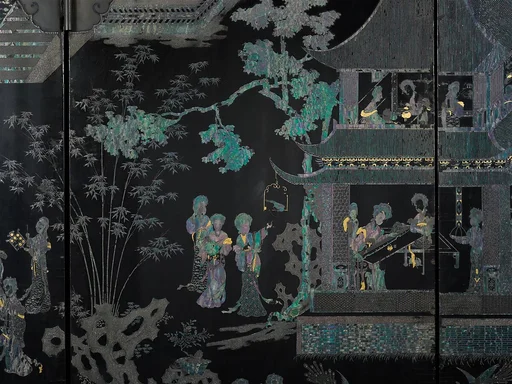 清康熙 黑漆嵌螺鈿仕女圖屏風|Women in a Palace