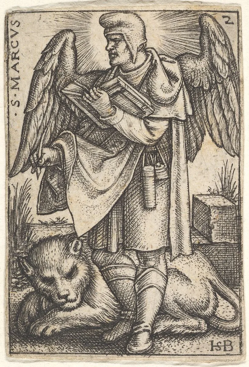 Plate 2: Saint Mark, his head turned in profile to the left, with an open book in his right hand and a lion at his feet, from 'The four evangelists' — Sebald Beham