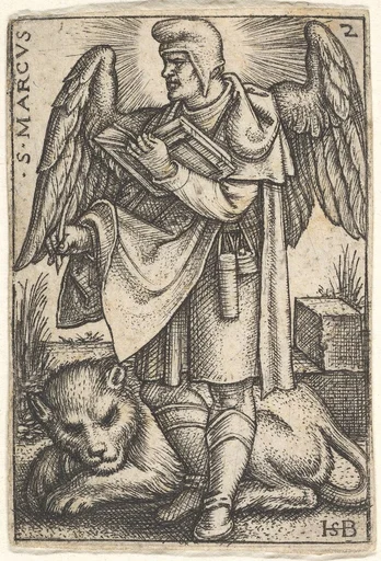 Plate 2: Saint Mark, his head turned in profile to the left, with an open book in his right hand and a lion at his feet, from 'The four evangelists'