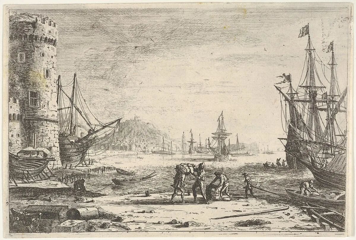 Harbor with large tower at left, and figures in the foreground — Claude Lorrain (Claude Gellée)
