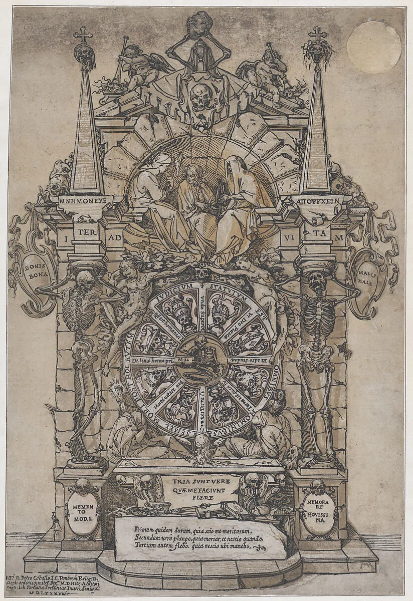 Triumph of Death with three fates in an architectural frame above a wheel of fortune flanked by skeletons; a skull and an hour glass at top and with wheel intended to spin at center — Andrea Andreani|Giovanni Fortuna