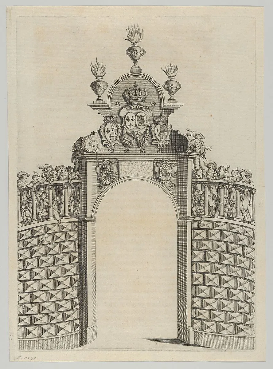 Triumphal arch, from 'Éloges et discours sur la triomphante réception du Roy en sa ville de Paris ...' by Jean-Baptiste de Machault — Melchior Tavernier|Abraham Bosse|Jean-Baptiste de Machault|Pierre Firens I