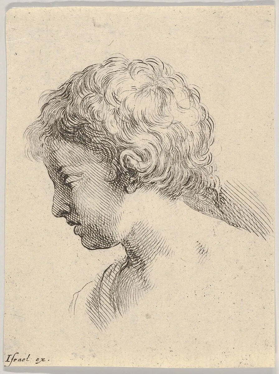 Plate 13: head of a young boy, in profile, from 'The Book for Learning to Draw' (Livre pour apprendre à dessiner) — Stefano della Bella|Israël Henriet