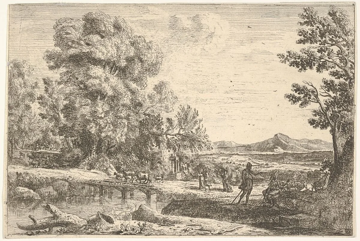 Rebecca and Eliezer taking leave of her father, Bethuel, set in a landscape, a large tree to the left — Claude Lorrain (Claude Gellée)