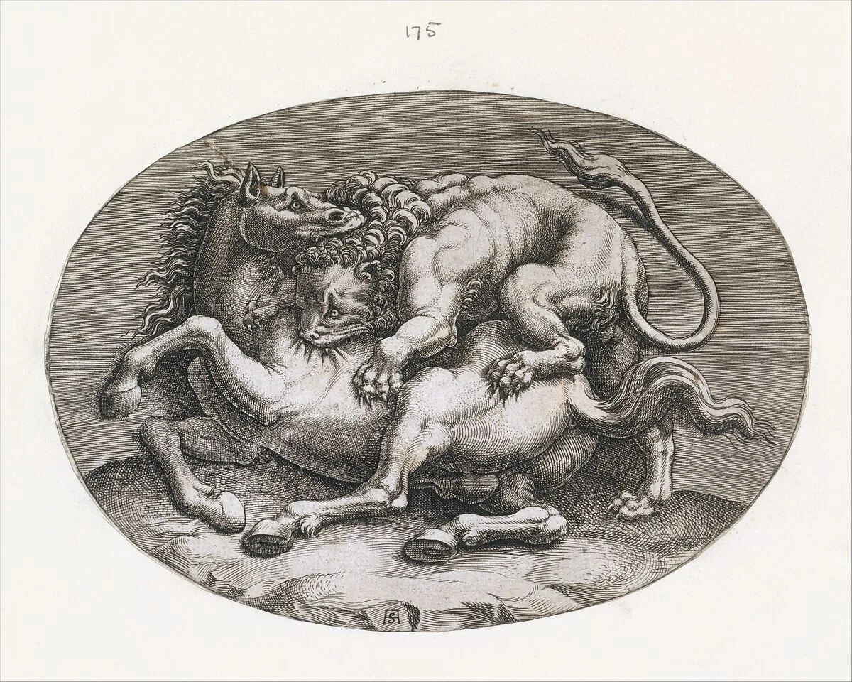 Speculum Romanae Magnificentiae: Lion Attacking a Horse — Adamo (Ghisi) Scultori