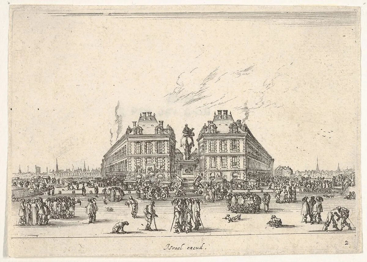 Plate 2: La Place Dauphine, on the coast of Pont Neuf, the equestrian statue of Louis XIII in center, seen from the back and numerous figures, from 'Various Figures' (Agréable diversité de figures) — Stefano della Bella|Israël Henriet