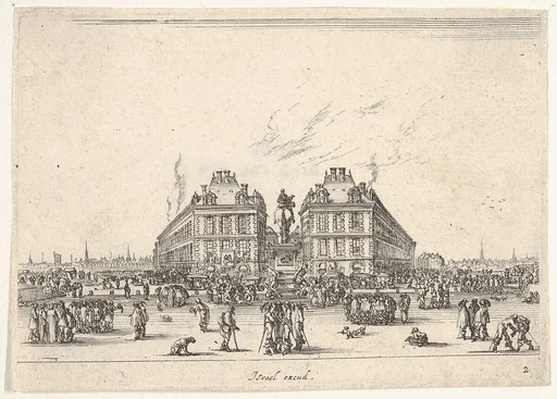 Plate 2: La Place Dauphine, on the coast of Pont Neuf, the equestrian statue of Louis XIII in center, seen from the back and numerous figures, from 'Various Figures' (Agréable diversité de figures)