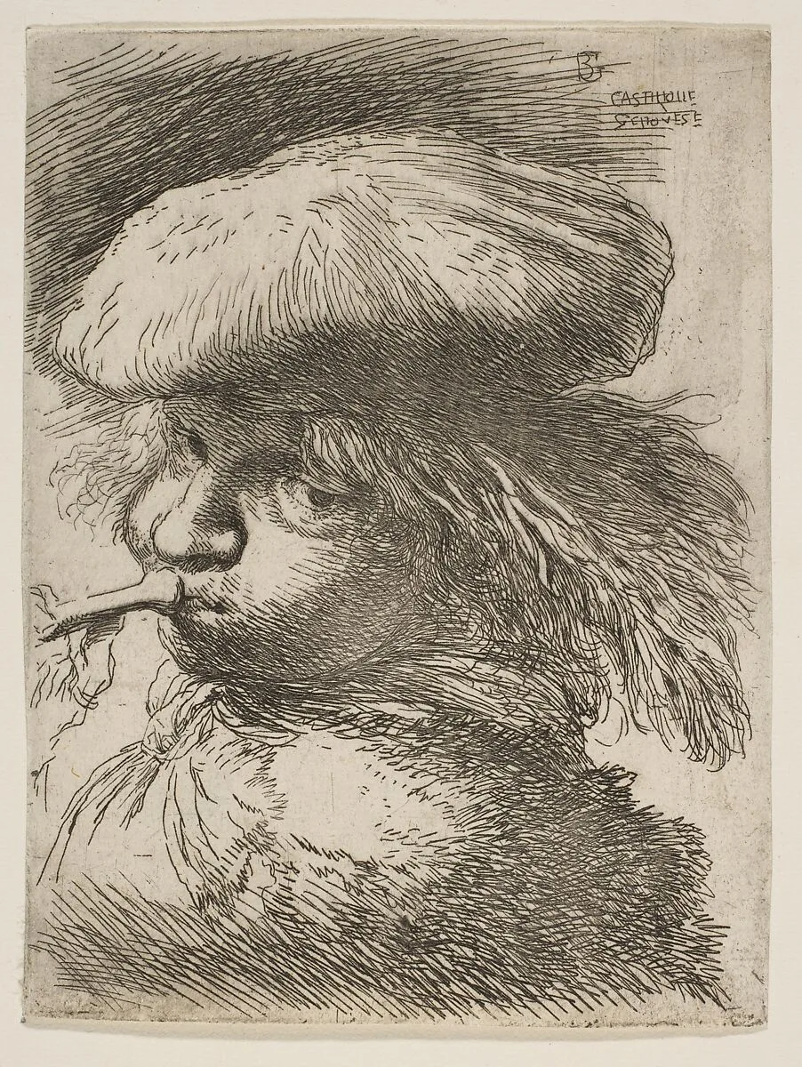 Young man with a trumpet facing left, from "Small Heads in Oriental Headdress" — Giovanni Benedetto Castiglione (Il Grechetto)