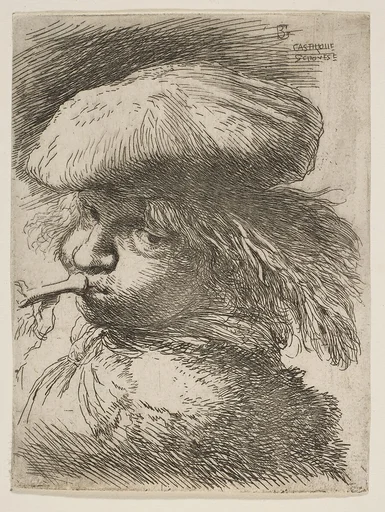 Young man with a trumpet facing left, from "Small Heads in Oriental Headdress"
