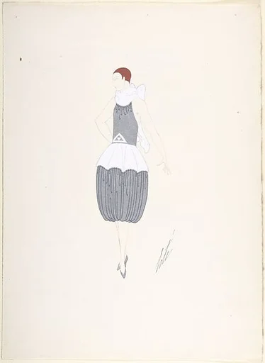 Design for Silver Dress with Harem Skirt Trimmed at Neck and Hips with White Fur for "Manhattan Mary," Majestic Theater, New York