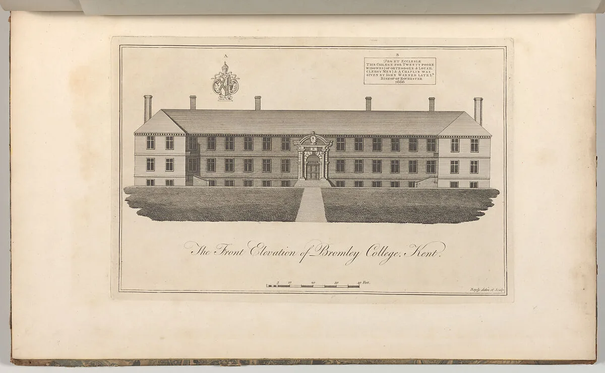 The Front Elevation of Bromley College, Kent, from Edward Hasted's, The History and Topographical Survey of the County of Kent, vols. 1-3 — John Bayly