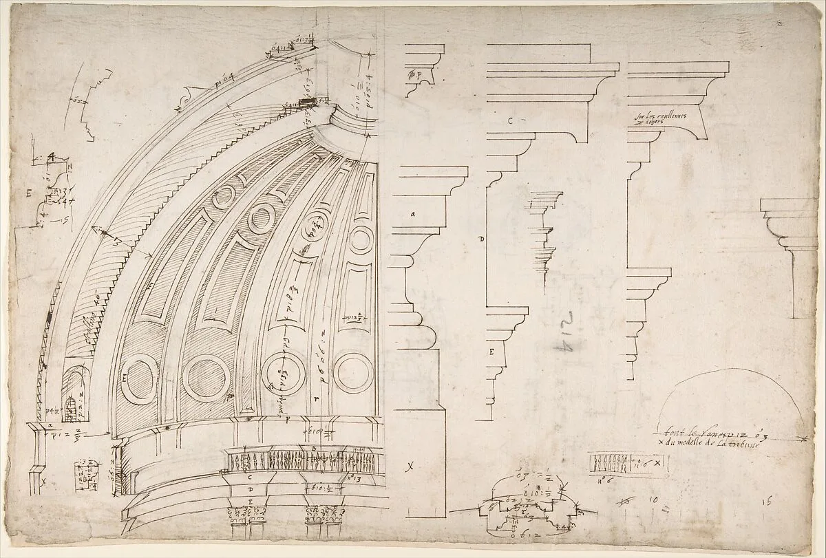 St. Peter's, dome and drum, interior section and elevation, and labeled details (recto); St. Peter's, moulding profiles, details (verso) — Etienne DuPérac