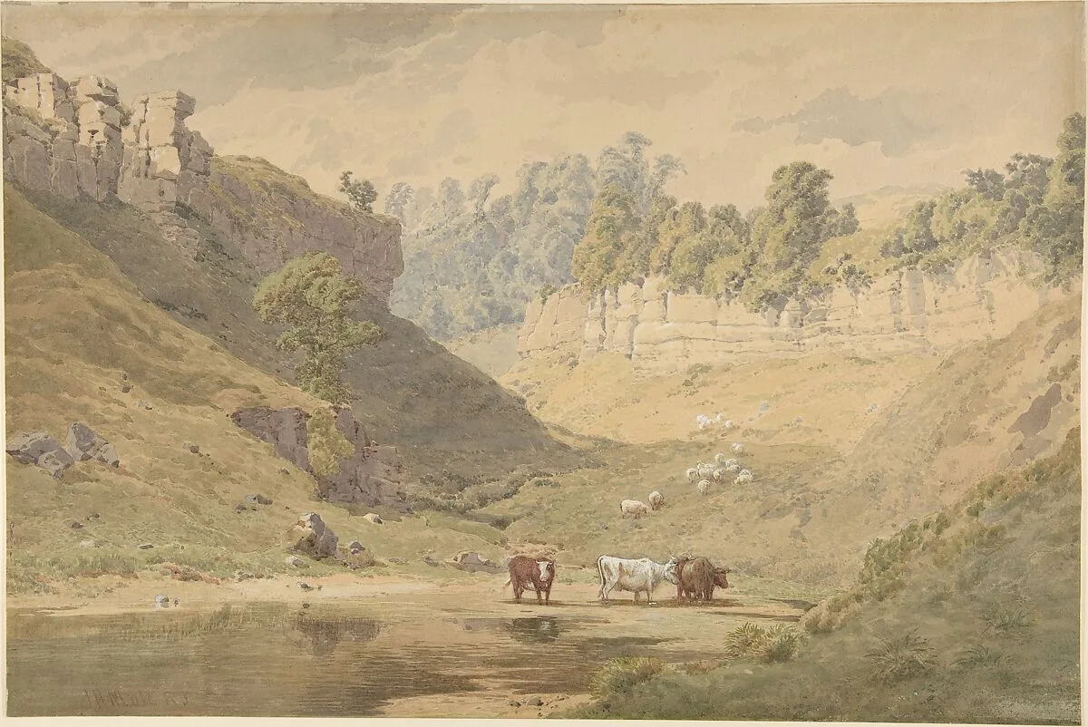 Cattle at a Watering Hole in a Valley — John Henry Mole