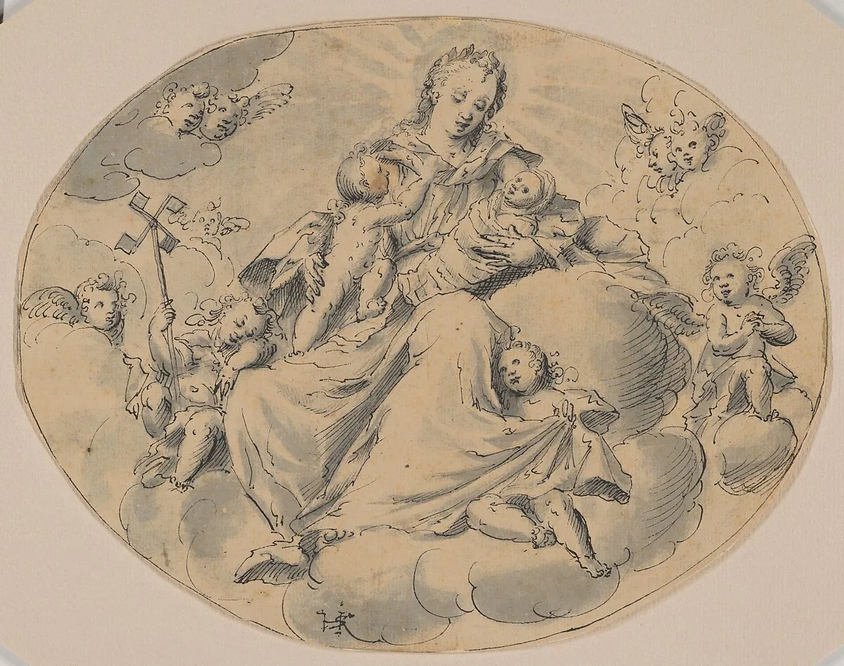 A Personification of Charity Seated on a Cloud, Surrounded by Putti — Friedrich Sustris|Monogrammist HSK|Hans Krumpper