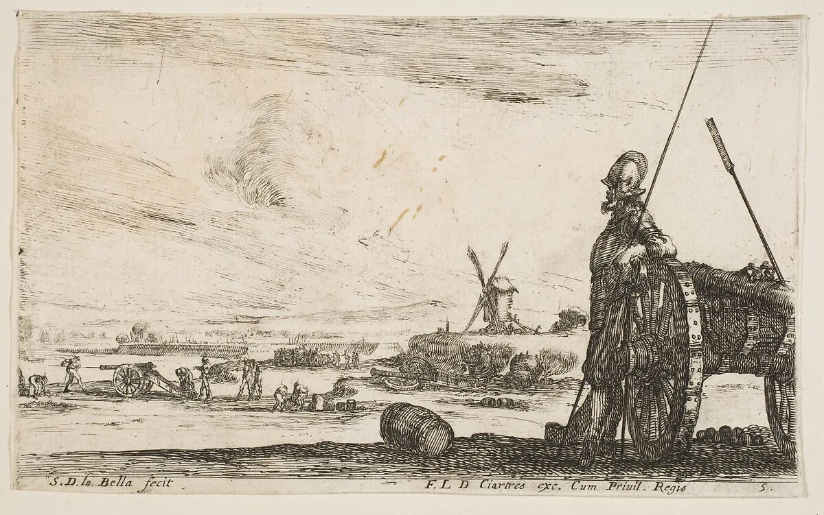 A Pikeman standing at right next to a canon, other military figures in the background, plate 5 from "Various Military Caprices" (Varii capricci militari) — Stefano della Bella|Pierre Mariette le fils