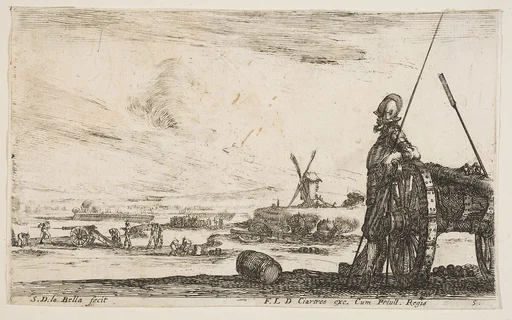A Pikeman standing at right next to a canon, other military figures in the background, plate 5 from "Various Military Caprices" (Varii capricci militari)
