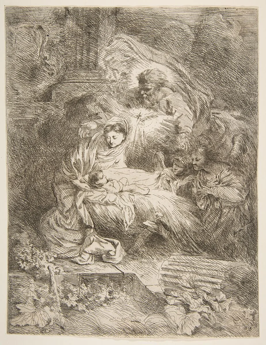 God the Father observing the Virgin and Child, angels to the right — Giovanni Benedetto Castiglione (Il Grechetto)