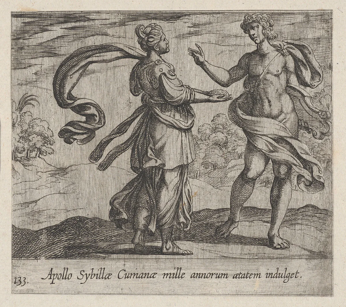 Apollo Granting the Cumaean Sybil's Wish (Apollo Sybillae Cumanae mille annorum atatem indulget), from Ovid's The Metamorphoses, plate 133 — Antonio Tempesta