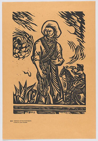 Plate 55: a worker of the Revolution, standing, holding a rifle, from the portfolio 'Estampas de la revolución Mexicana' (prints of the Mexican Revolution) — Taller de Gráfica Popular|Jesús Escobedo