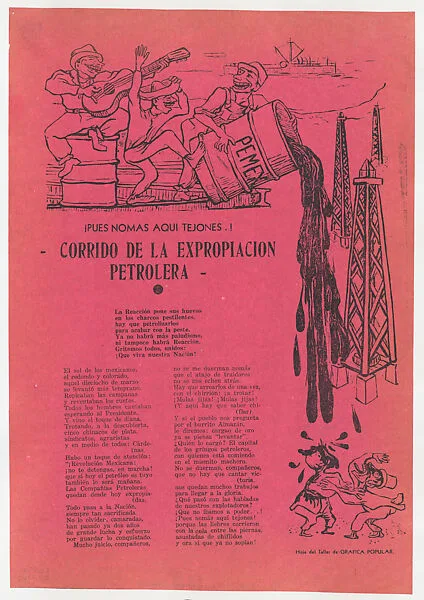 Broadsheet with a ballad about oil expropriation, figures standing on a landing and spilling a barrel of oil onto figures below — Alfredo Zalce|Taller de Gráfica Popular