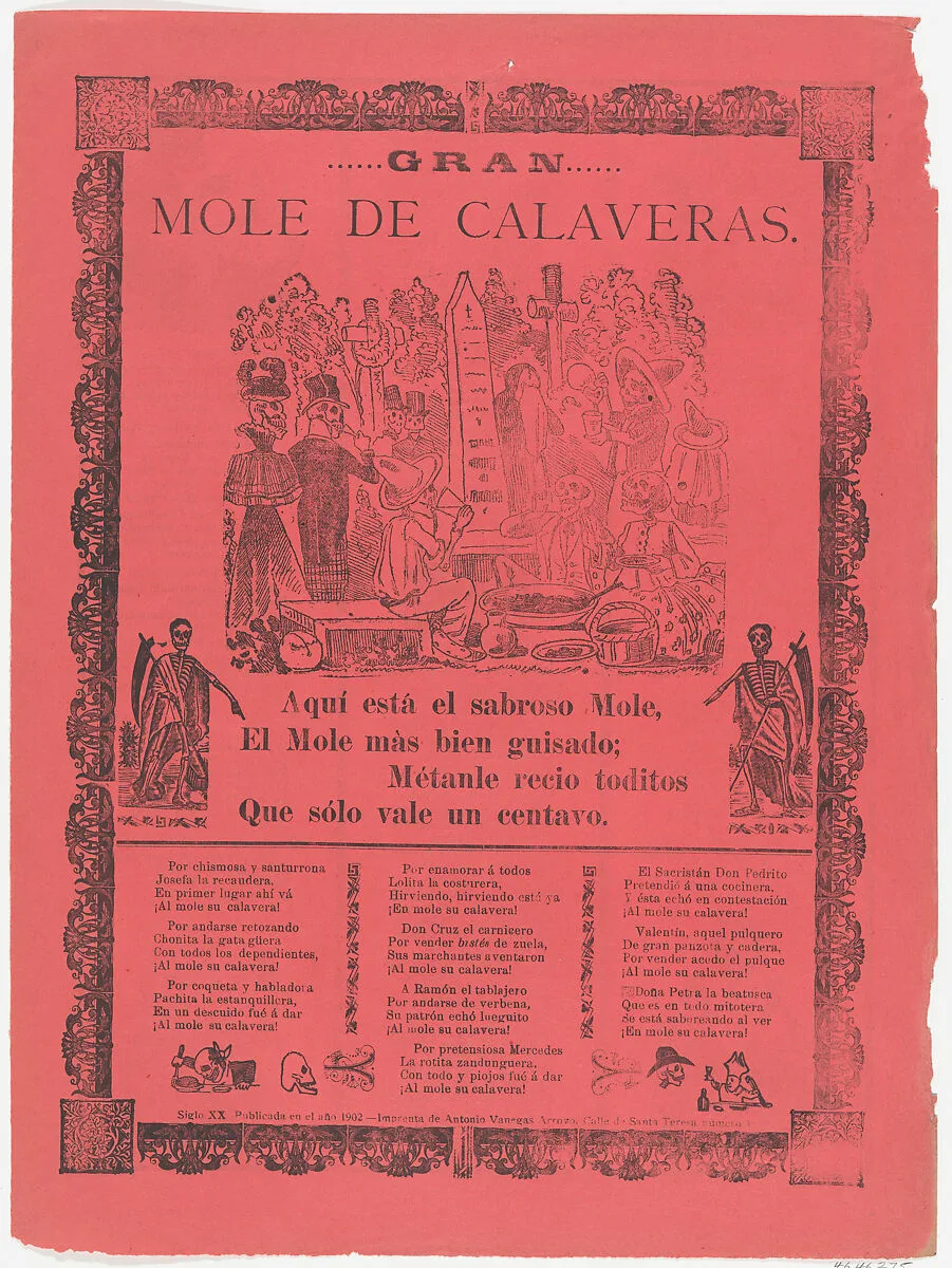 The grand skeleton mole, skeletons eating mole and drinking in a cemetery (Posada); flanked by skeletons holding scythes (Manilla) — Antonio Vanegas Arroyo|Manuel Manilla|José Guadalupe Posada