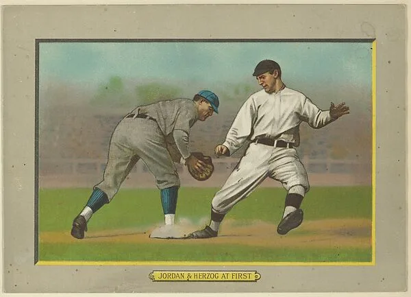 Tim Jordan, First Baseman, Brooklyn Superbas (National League), & Charles "Buck" Herzog, Third Baseman, New York Giants (National League) at First, from Turkey Red Cabinets (T3) — American Tobacco Company