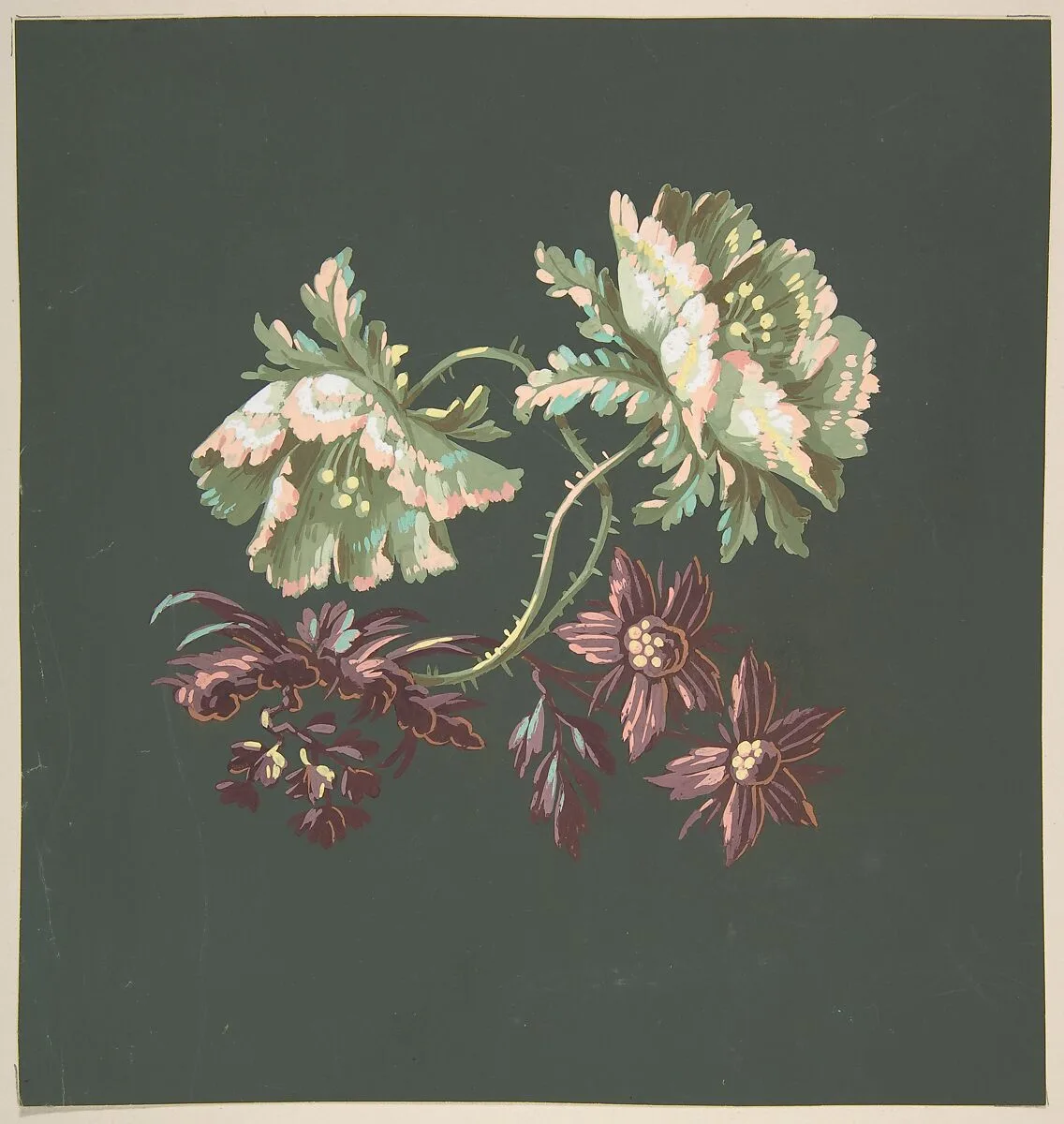 Two Roses and Two Small Flowers — Anonymous, French, 19th century