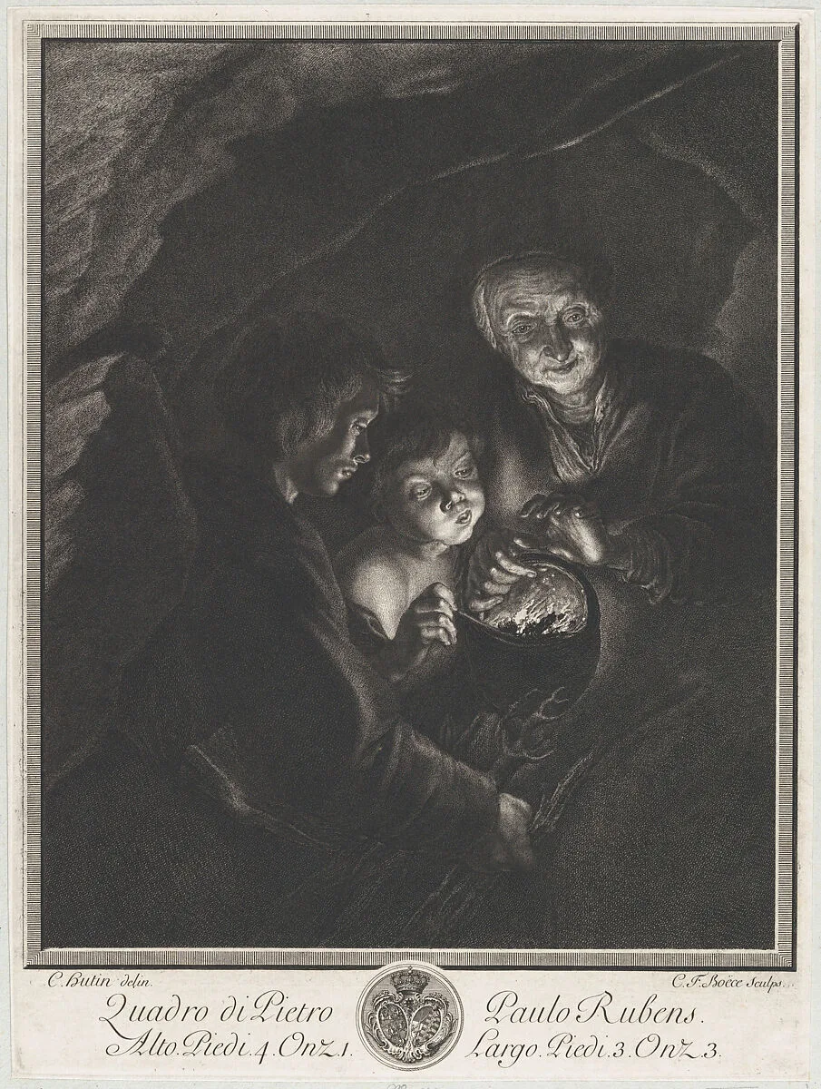 Night scene in a cave with an old woman holding burning coals in a pot, a boy blowing into the fire at left — Peter Paul Rubens|Charles Hutin|Christian Friedrich Boetius