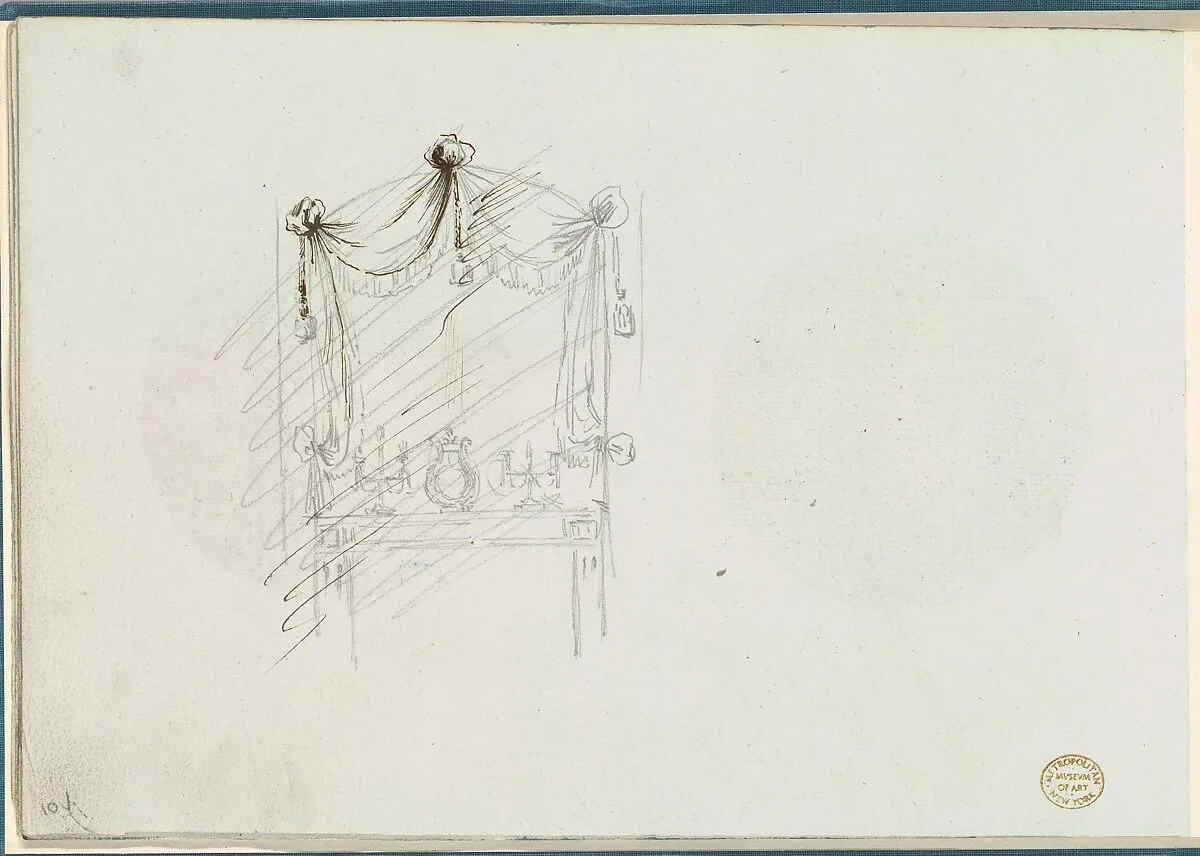 Sketch of a Fireplace with a Mirror Surrounded by Drapery — Anonymous, French, 18th century|Antoine Caire-Morand|Anonymous, French, 19th century