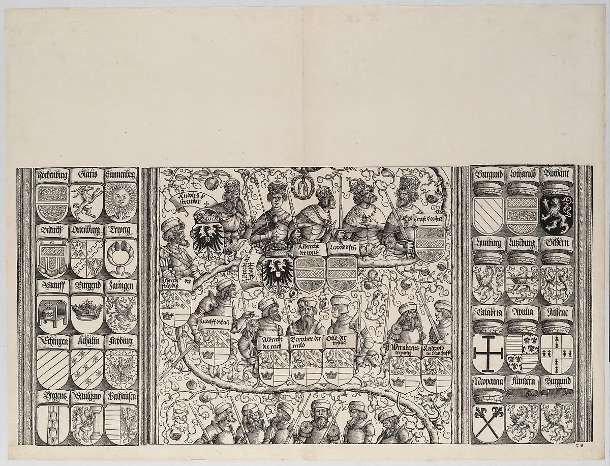 The Middle Portion of the Genealogy of Maximilian, from the Arch of Honor, proof, dated 1515, printed 1517-18 — Hieronymus Andreae|Hans Springinklee