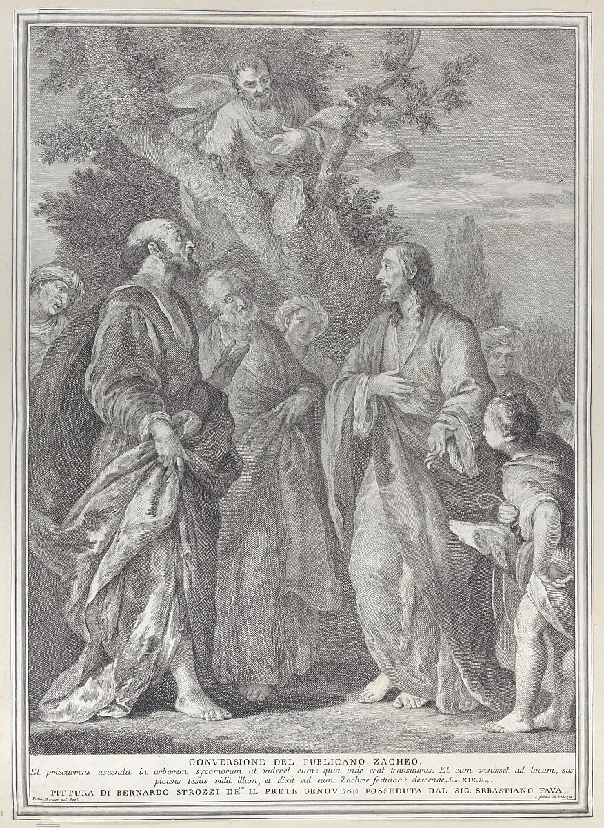 Conversion of Zacchaeus, with Christ at right addressing the tax collector, who is seated in a tree at top center — Bernardo Strozzi|Pietro Monaco