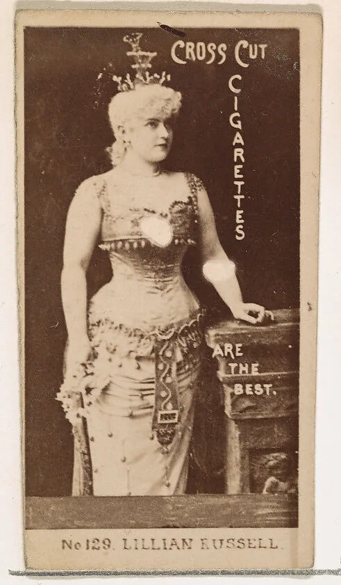 Card Number 129, Lillian Russell, from the Actors and Actresses series (N145-2) issued by Duke Sons & Co. to promote Cross Cut Cigarettes — W. Duke, Sons & Co.