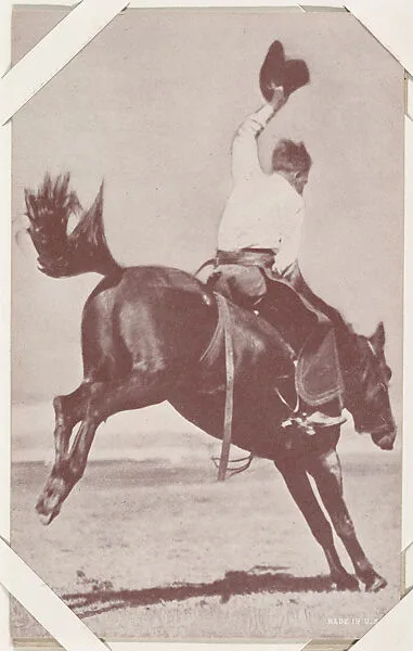Cowboy waving hat on back of bucking bronco from Indians and Western Historical Scenes series (W417) — Unknown