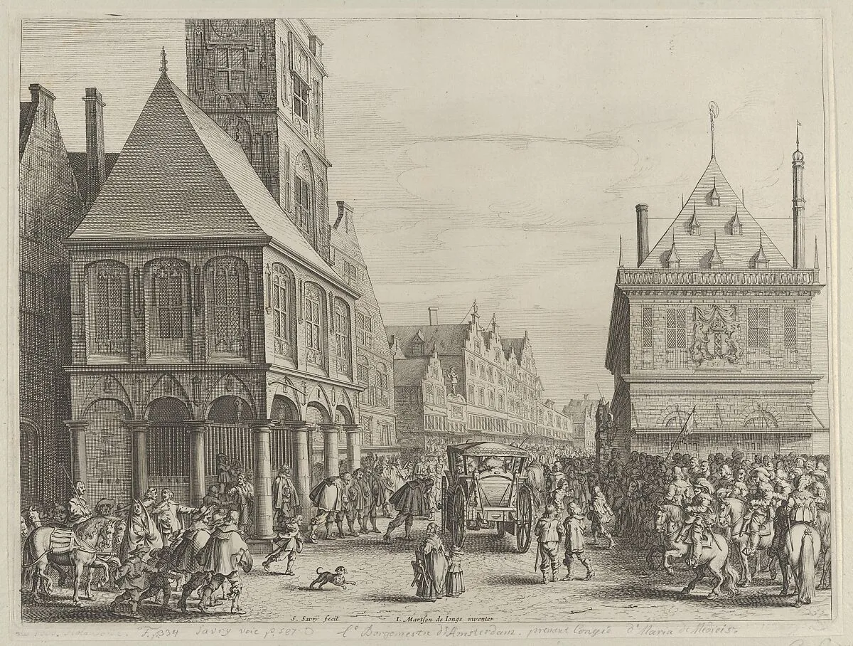 City magistrates taking leave of Marie de Medici before the town hall, from Caspar Barlaeus, "Medicea Hospes" — Jan Martszen de Jong|Joan and Cornelius Blaeu|Salomon Savery|Caspar Barlaeus